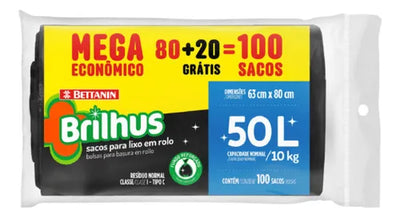 SACO LIXO 50L PRETO BRILHUS MEGA C/100
