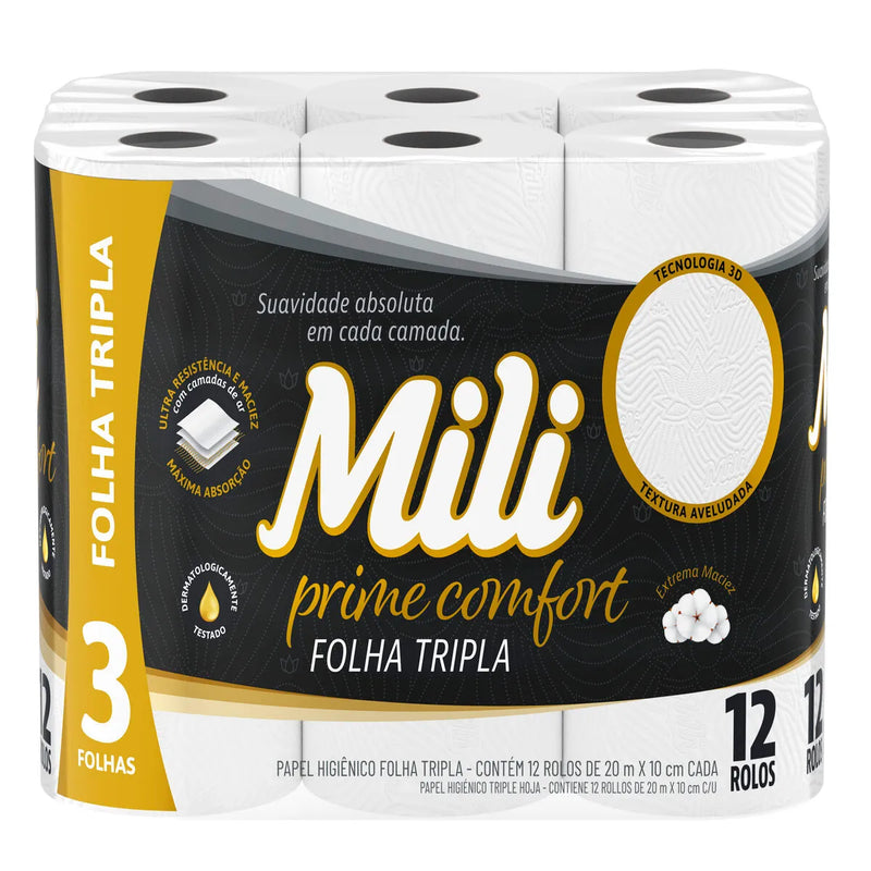 PAPEL HIG PRIME COMFORT FOLHA TRIPLA 20X10CM 12 ROLOS MILI